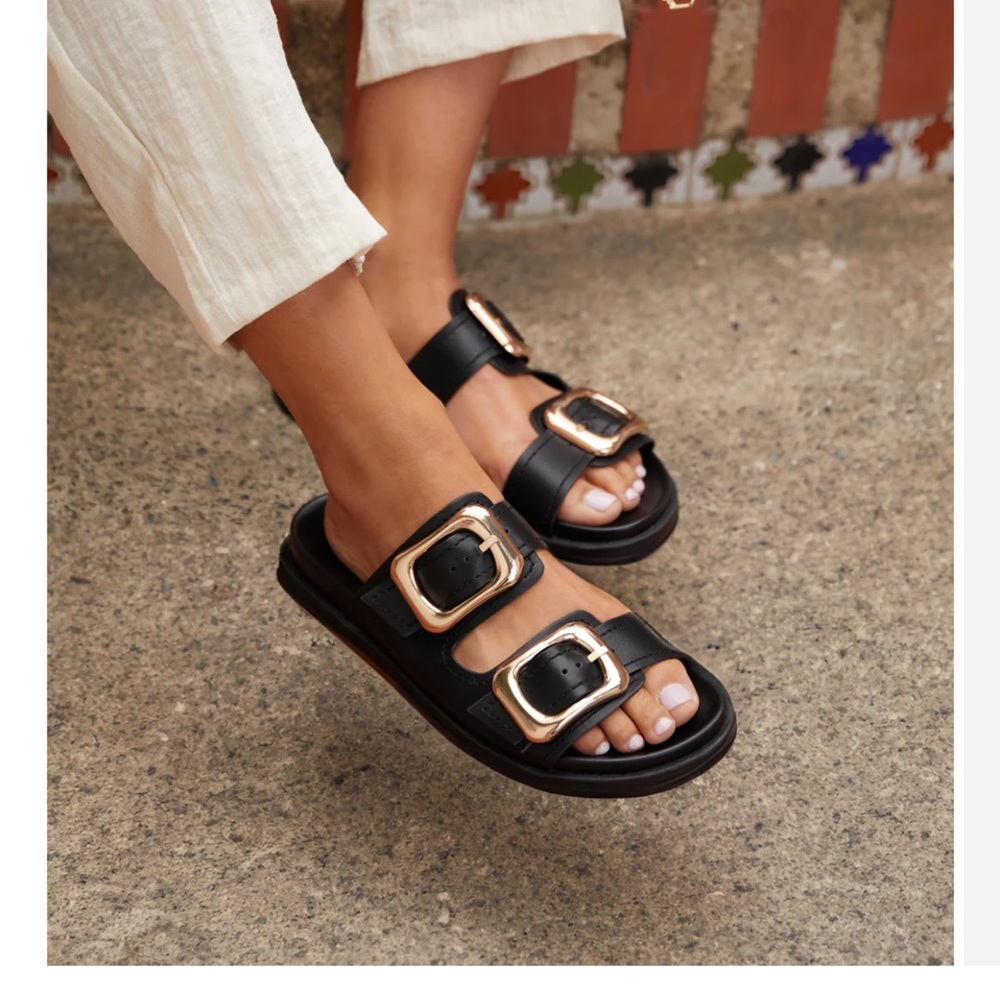 Linzi Black Sandals with Gold Buckles